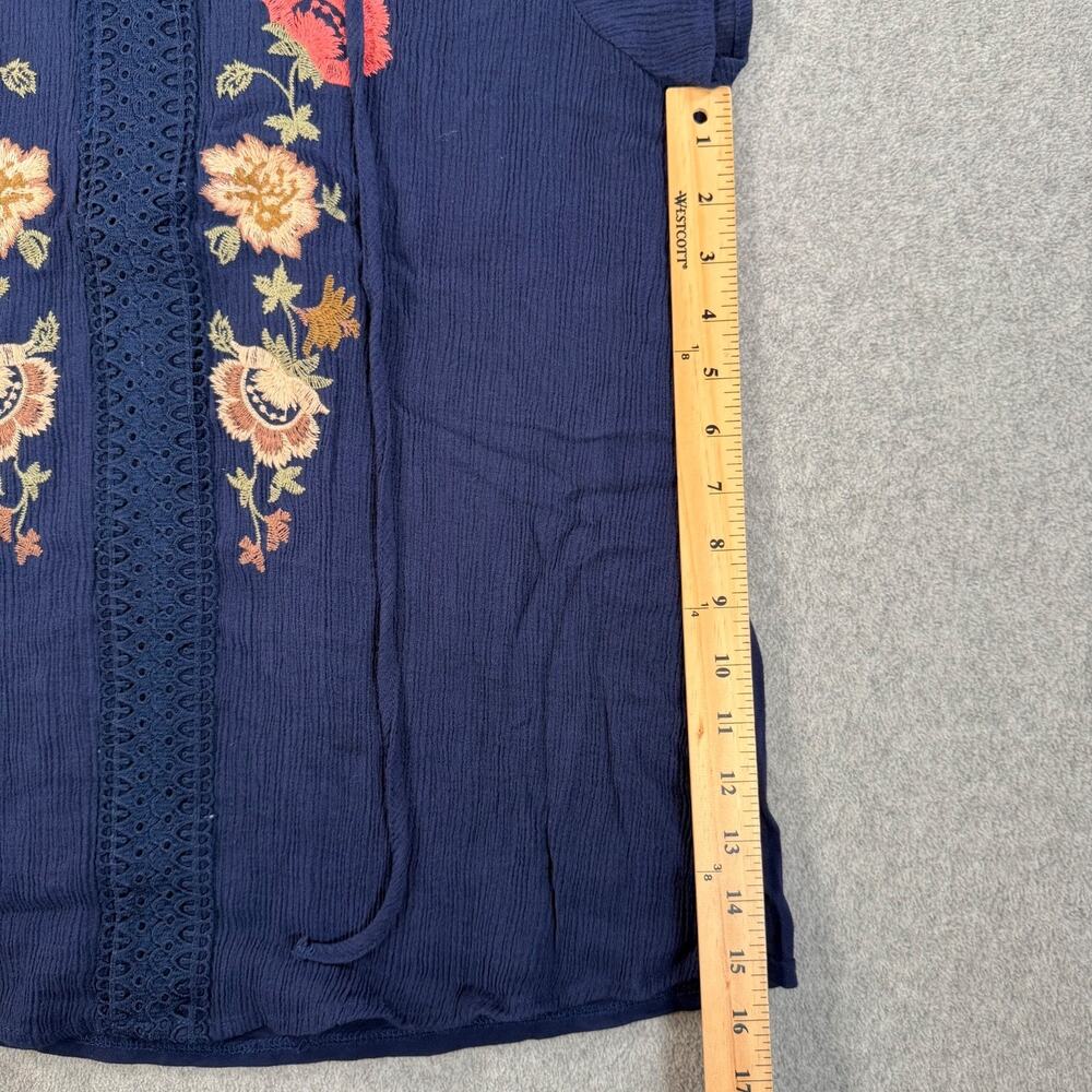 Flower & Feather Gauzy Floral Embroidered Blouse Women's 2XL Navy Blue Boho - Picture 2 of 8